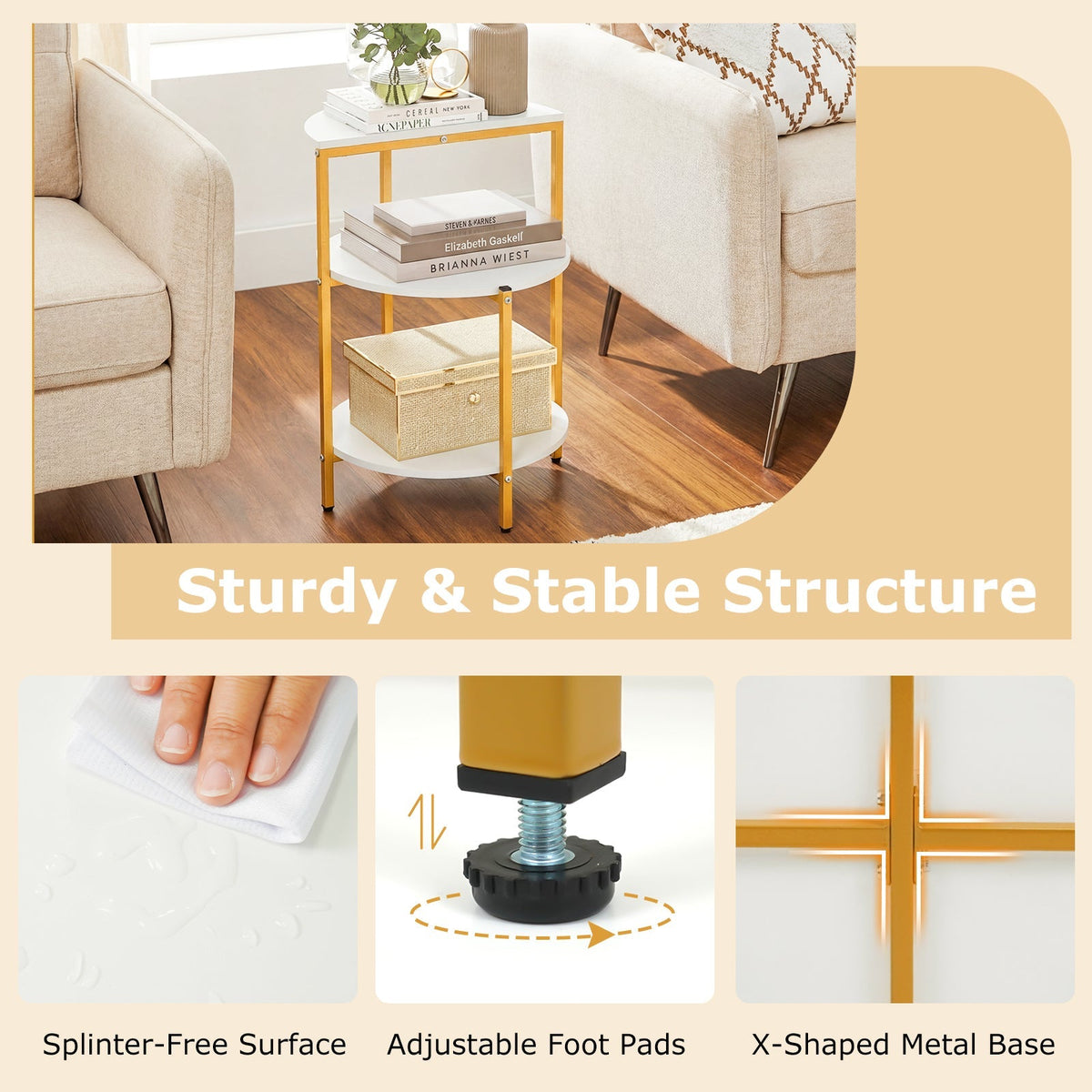 3-Tier Round End Table for Small Space and Bedroom Room