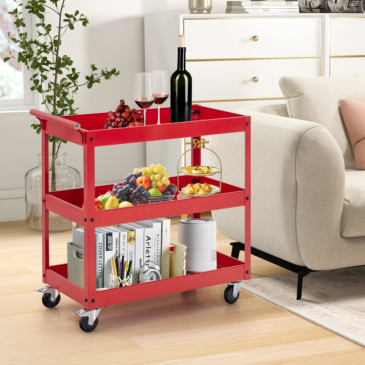 3-Tier Utility Cart Rolling Metal Cart with Handle and Universal Wheels