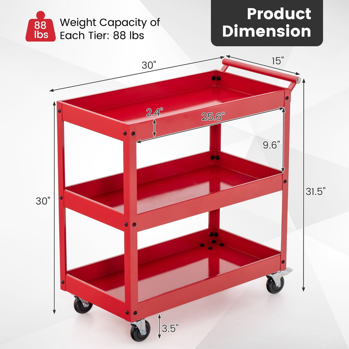 3-Tier Utility Cart Rolling Metal Cart with Handle and Universal Wheels