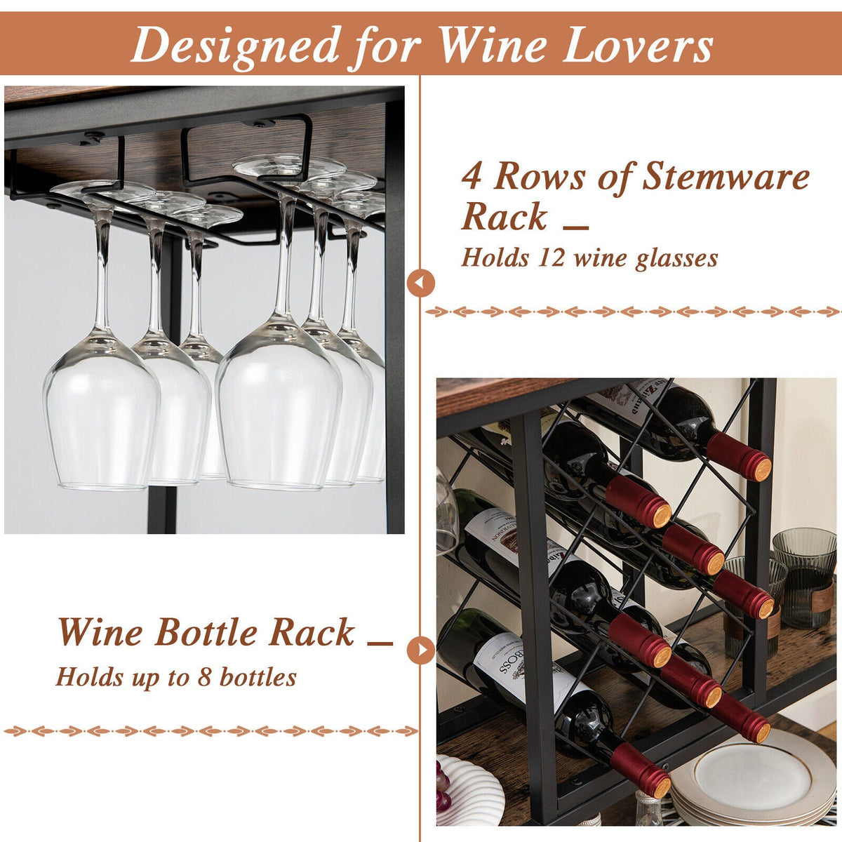 3-Tier Wine Bar Cabinet wit 8 Bottles Rack and 12 Glasses Hanger-Rustic Brown
