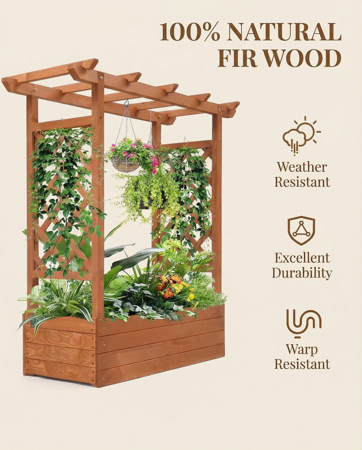 Maceta de madera elevada con celosía alta para plantas trepadoras
