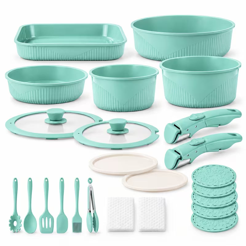 24-Piece Nonstick Cookware Set with Detachable Handles