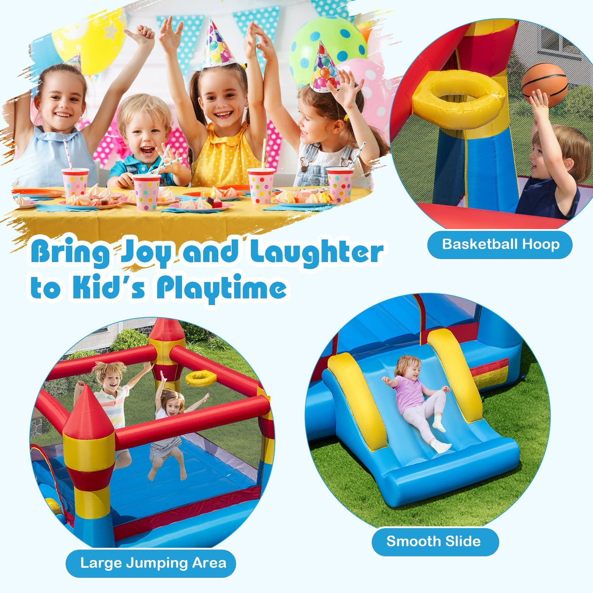 3-in-1 Kids Bouncer with Slide Large Jumping Area and Basketball Hoop without Blower
