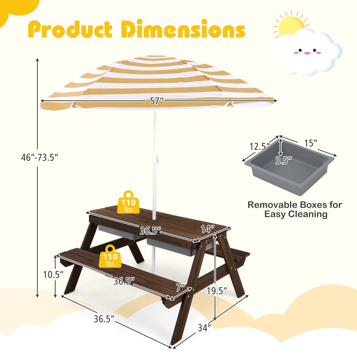 3-in-1 Kids Outdoor Picnic Water Sand Table with Removable Umbrella and Boxes-Coffee