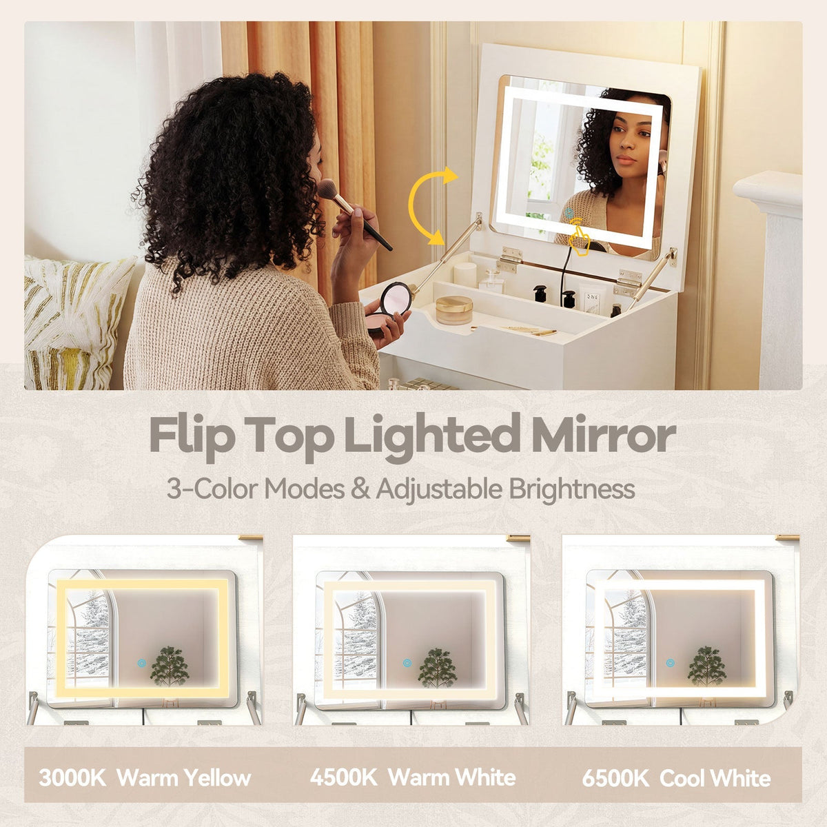 3-in-1 Small Vanity Desk Set with Flip-top Mirror and Lights with Drawers and Stool-White