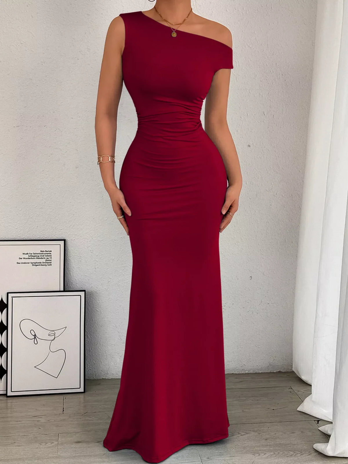 One-Shoulder Ruched Bodycon Maxi Dress