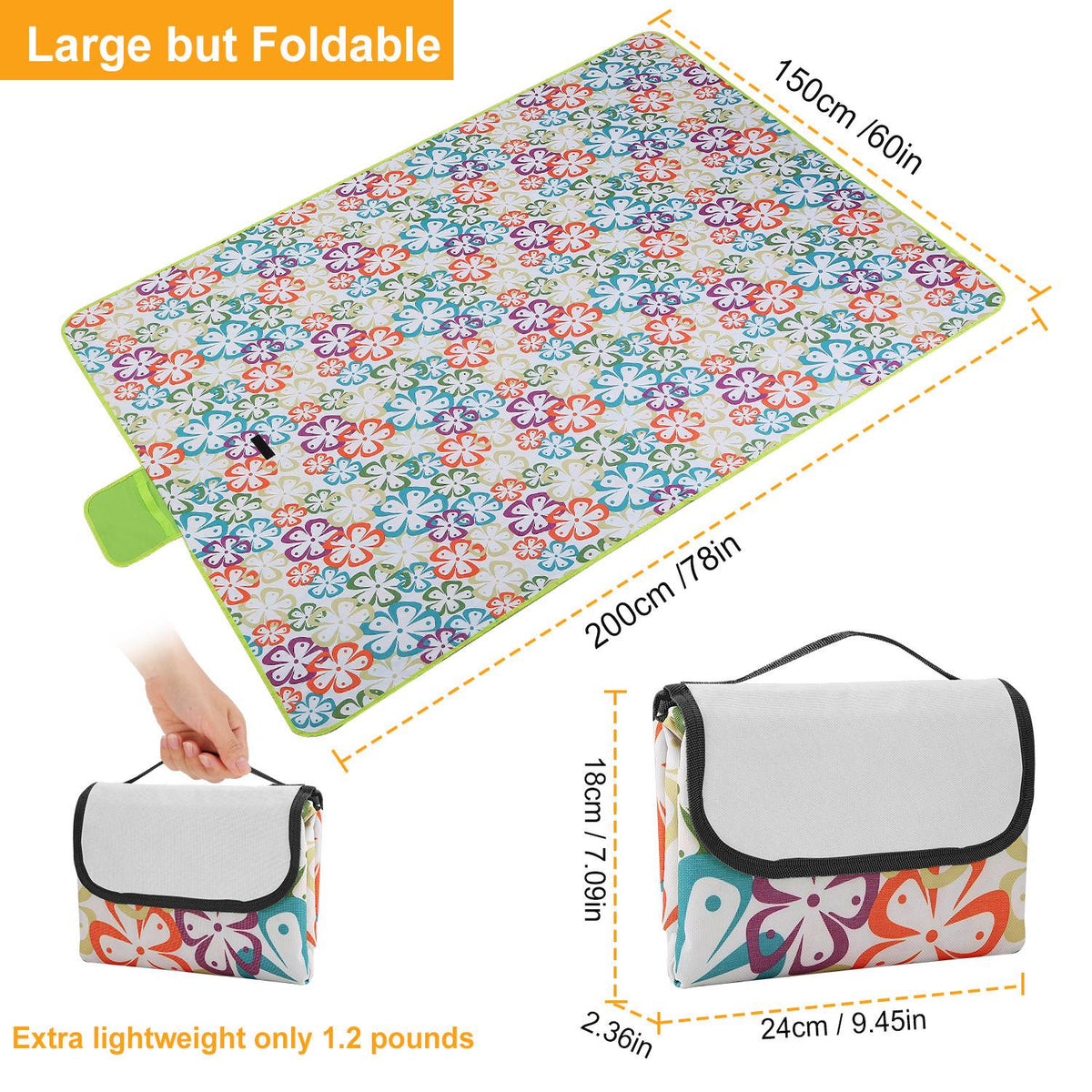 Manta de picnic impermeable de 60" x 78", alfombra plegable para acampar con correa, ideal para camping, senderismo, césped y viajes