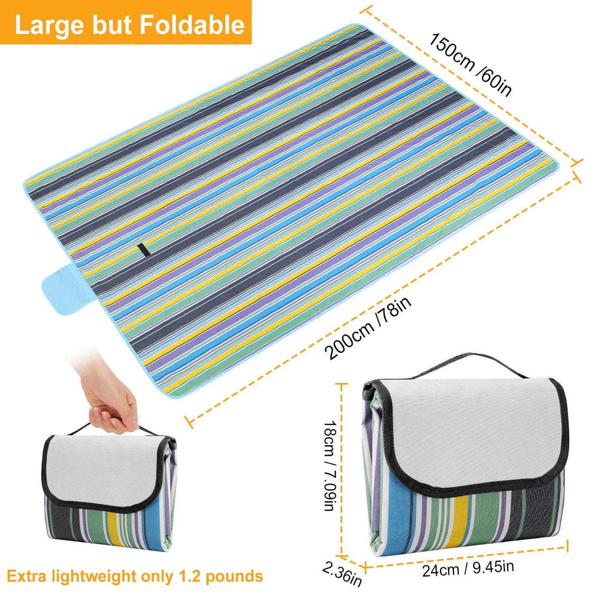 Manta de picnic impermeable de 60" x 78", alfombra plegable para acampar con correa, ideal para camping, senderismo, césped y viajes