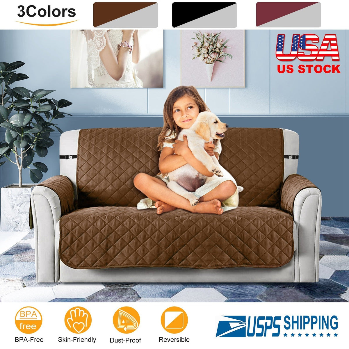 Reversible Sofa Cover Chair Loveseat Couch Slipcover Microfiber Cushion Furniture Protector Shield Water-Resistant w/ Elastic Strap for Kids Pet Dog C