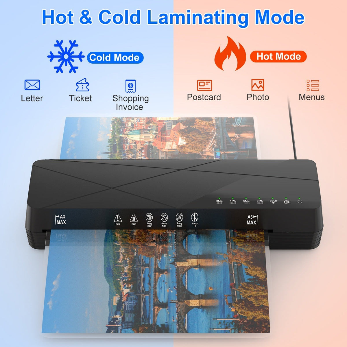 13Inch Laminator Machine Hot And Cold Mode A4 Personal Thermal Laminator With ABS Function 60S Warm-Up Time 30Mins Auto-Off for Home Office School Bus