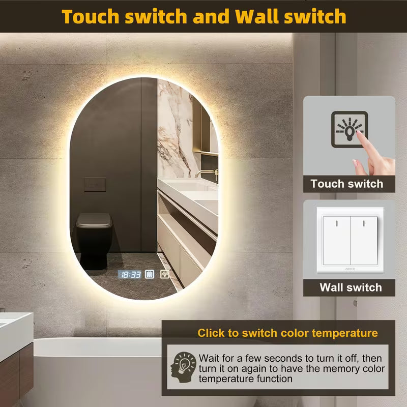 30x20 in LED Bathroom Mirror with Anti-Fog and Lights