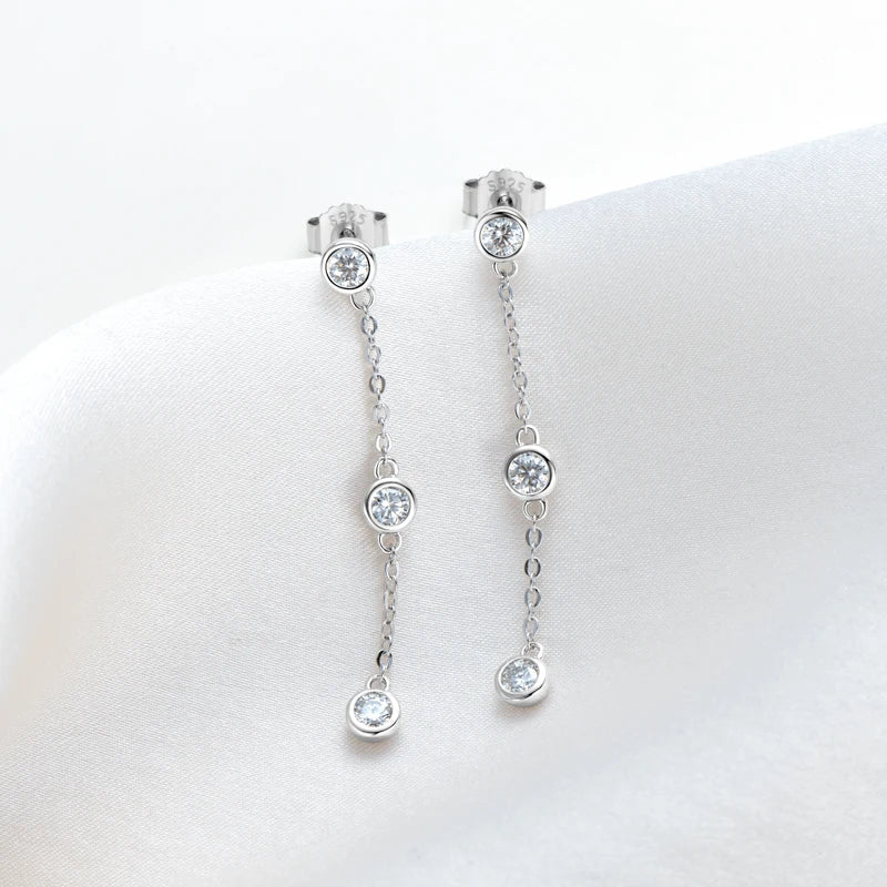 3mm VVS1 Moissanite Long Drop Tassel Earrings 925 Silver Bezel Set Dangle