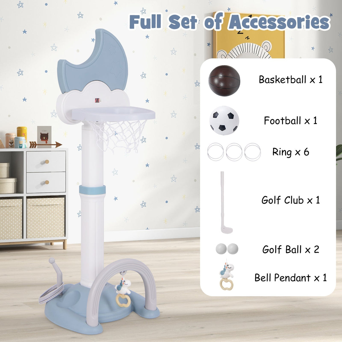 4-In-1 Kids Basketball Hoop with Moon-shaped Electronic Scoreboard and Play Set-Blue