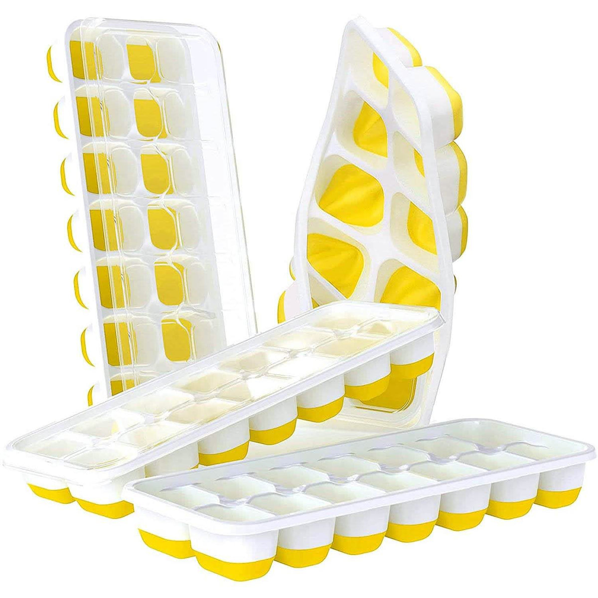 Paquete de 4: Bandejas de silicona flexibles de 14 cubitos de hielo con tapa extraíble a prueba de derrames y de fácil extracción