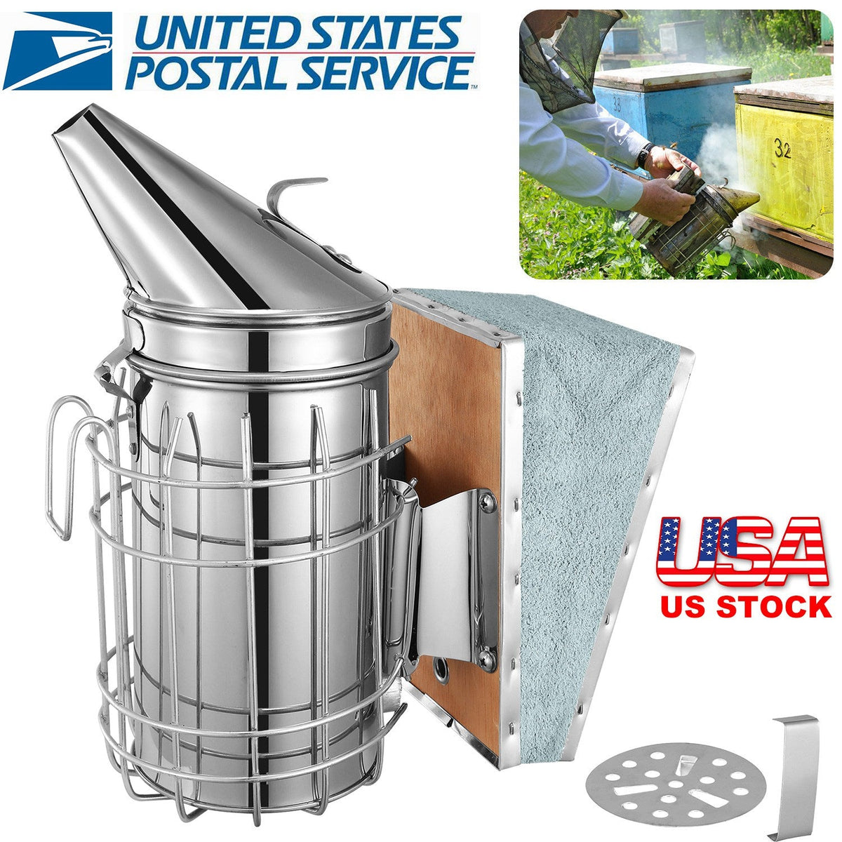 Bee Hive Smoker 11-Inch Heavy Duty Stainless Steel with Metal Heat Shield Storage Hook Beekeeping Equipment Tool