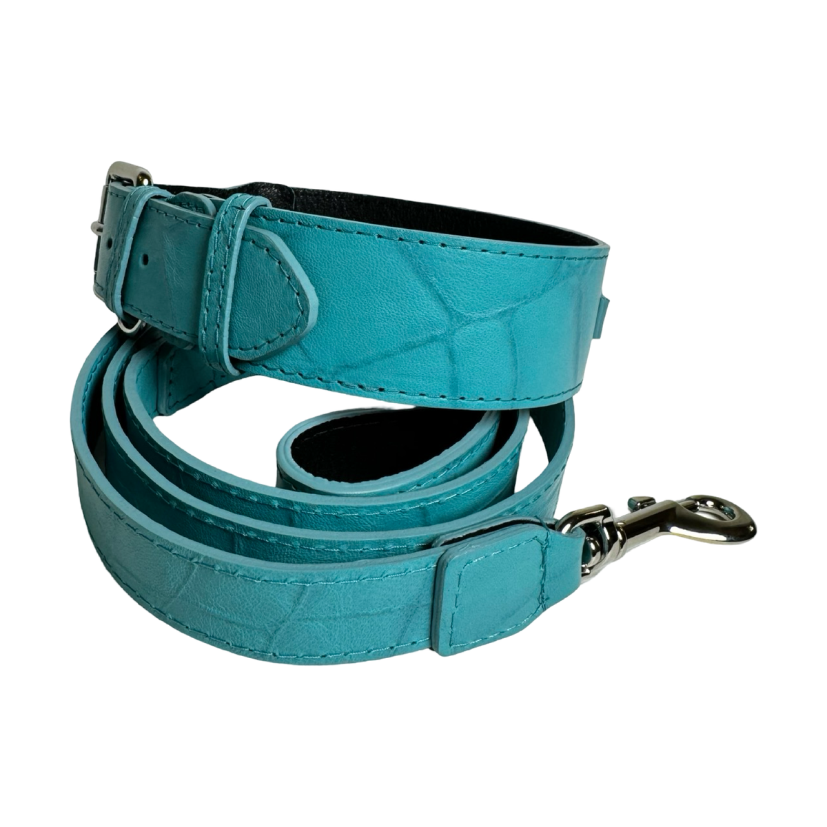 The Tiffany Collection. Gorgeous Turquoise Blue Embossed Croc Italian Leather Collar & Leash Set, With Our Classic Silver Hardware.