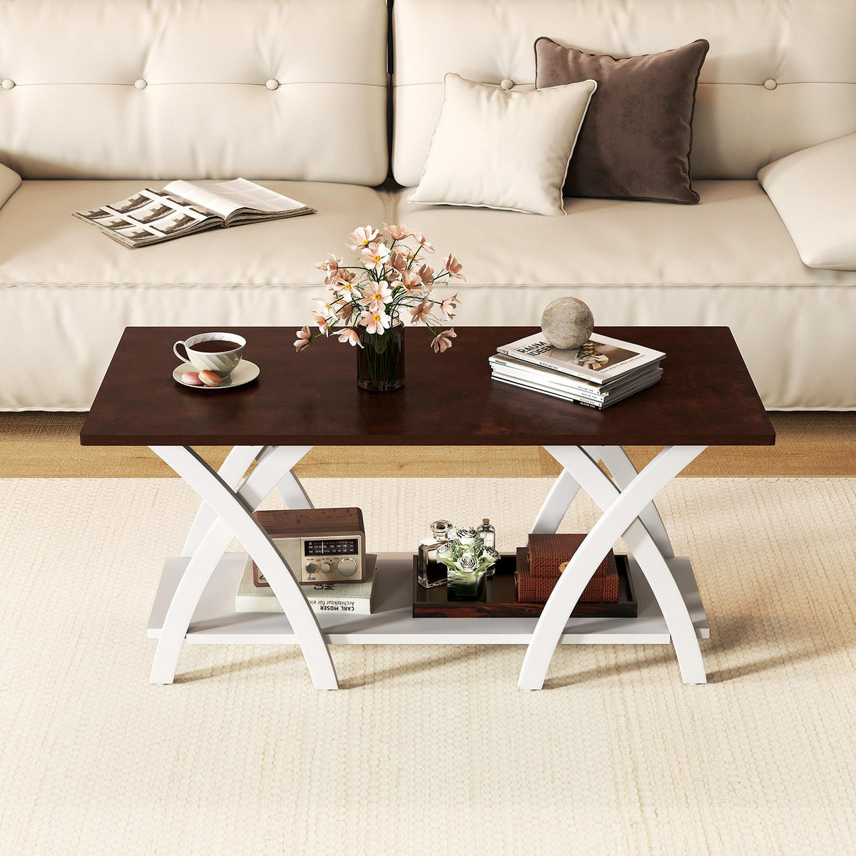 40 Inch Farmhouse Wooden 2-Tier Coffee Table with Storage Shelf for Living Room-Walnut