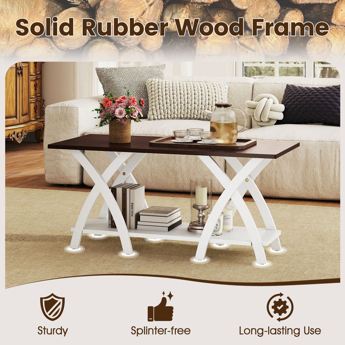 40 Inch Farmhouse Wooden 2-Tier Coffee Table with Storage Shelf for Living Room-Walnut