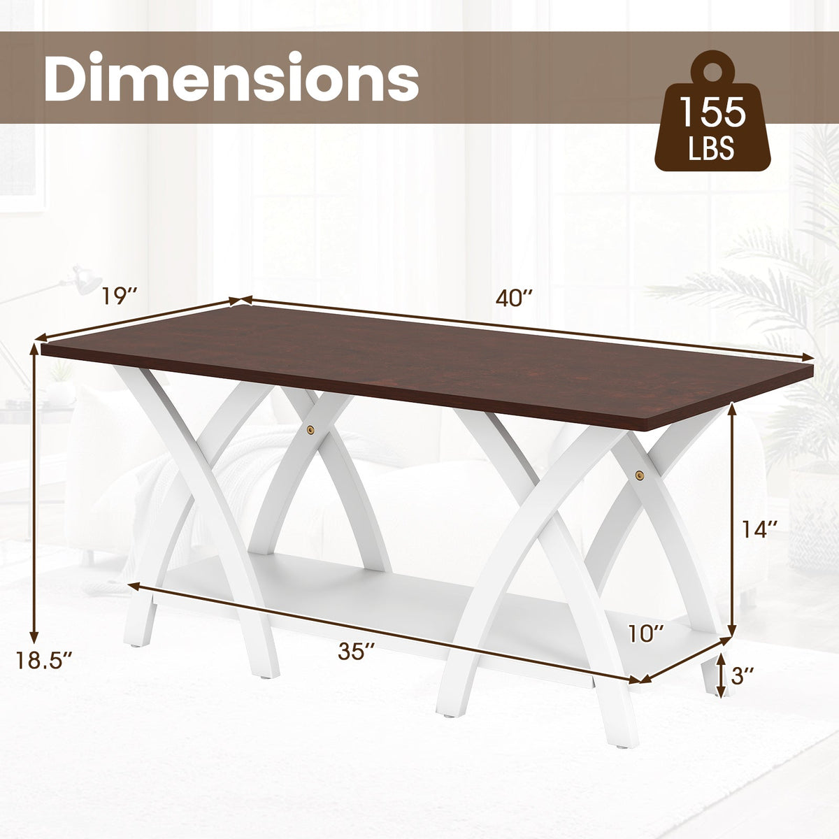 40 Inch Farmhouse Wooden 2-Tier Coffee Table with Storage Shelf for Living Room-Walnut
