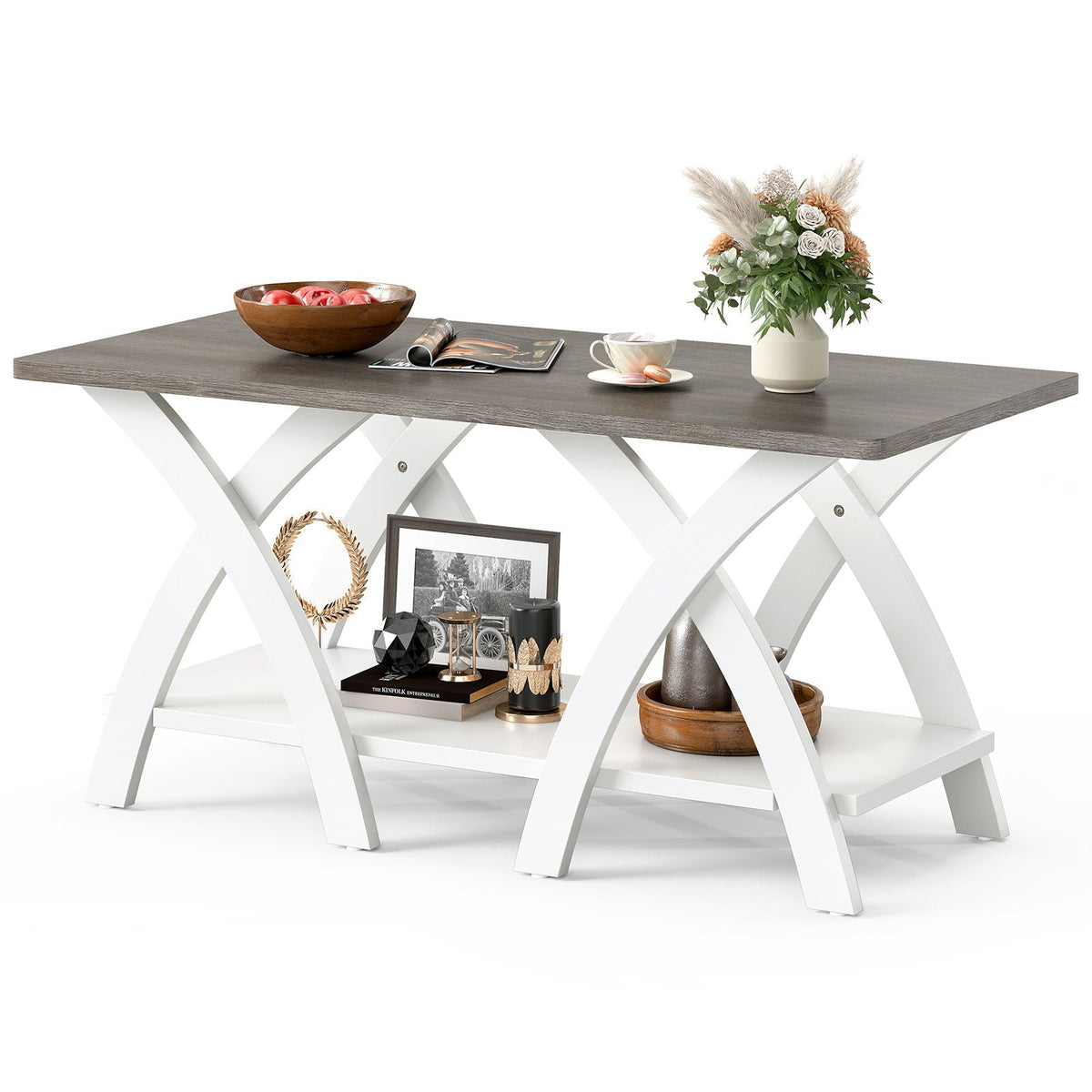40 Inch Farmhouse Wooden Coffee Table with Storage Shelf with X-shaped Legs-Gray