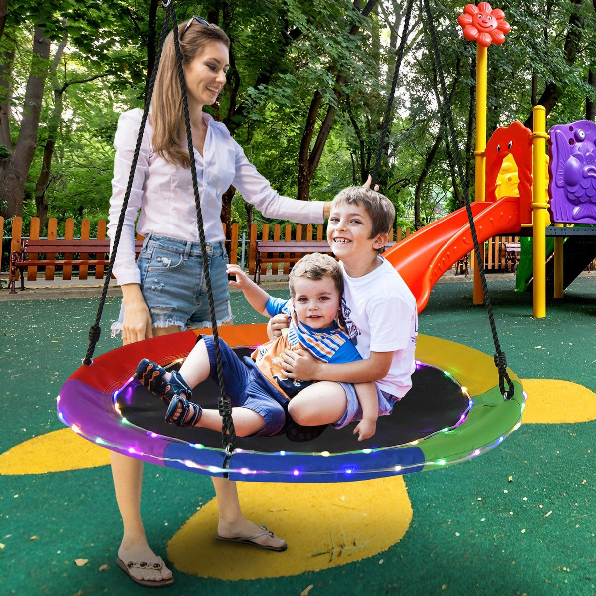 40 Inches Saucer Tree Swing Round with Lights for Kids and Adults