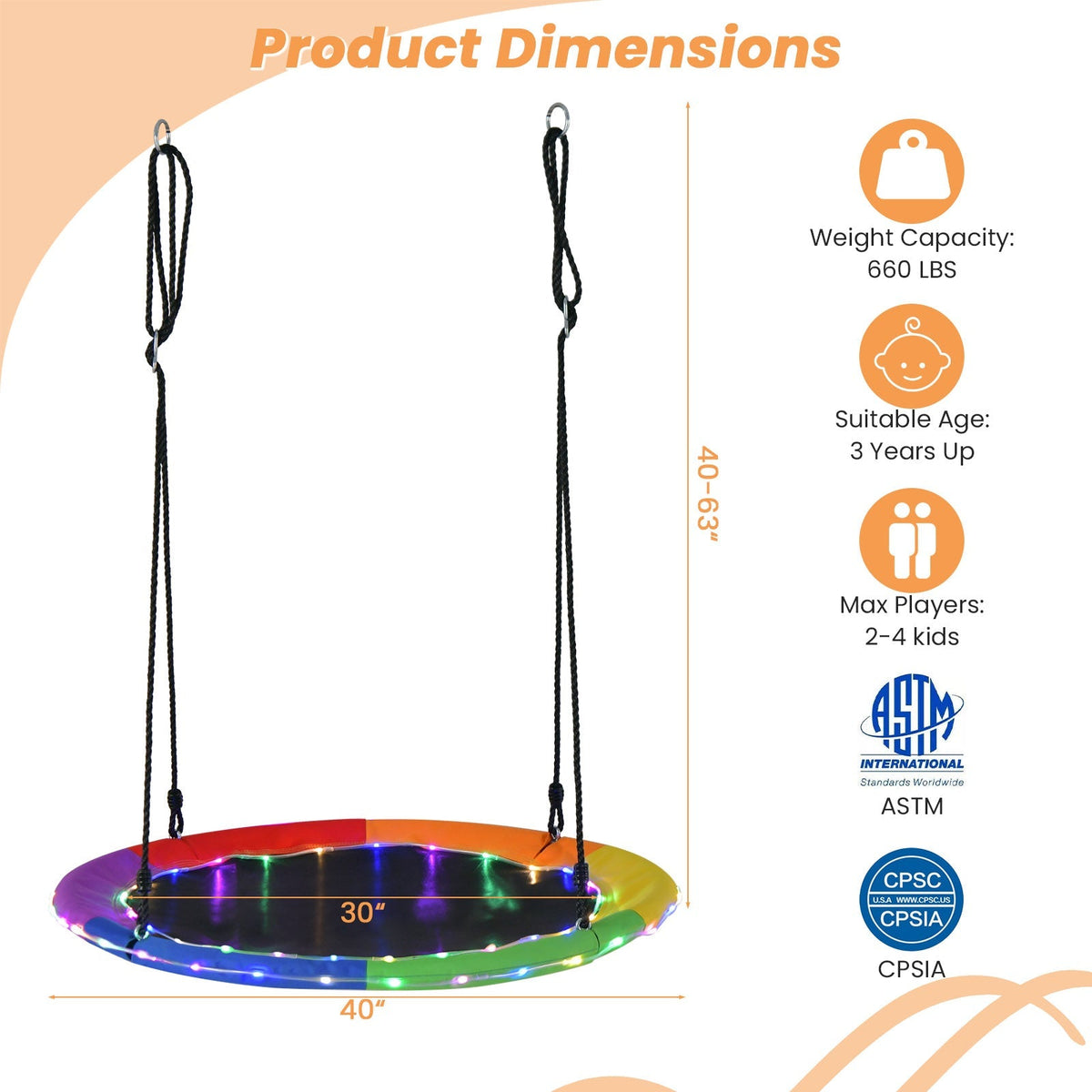40 Inches Saucer Tree Swing Round with Lights for Kids and Adults