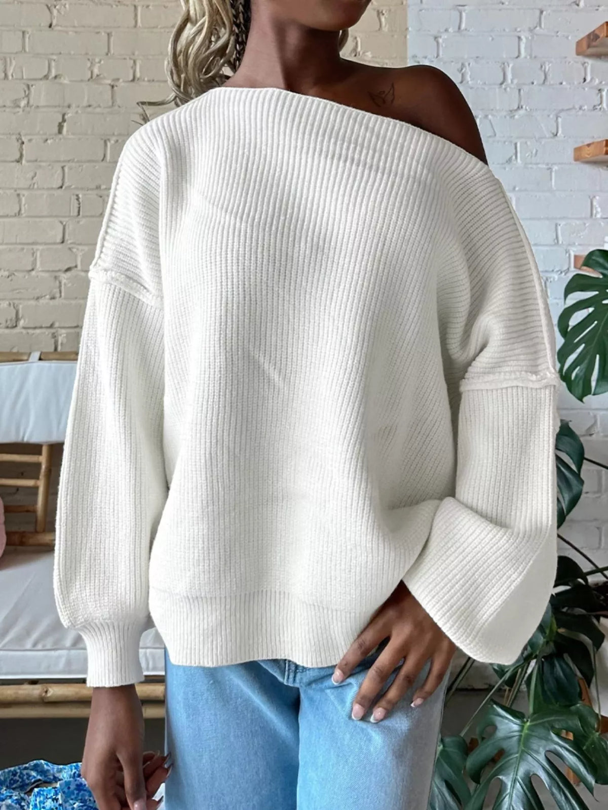 One Shoulder Ribbed Knit Sweater