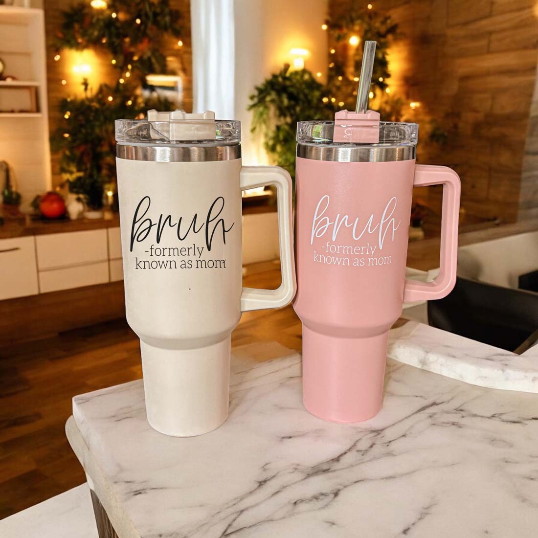 40oz Tumbler Insulated Travel Cup With Handle Lid Straw Funny Bruh Mom Gift