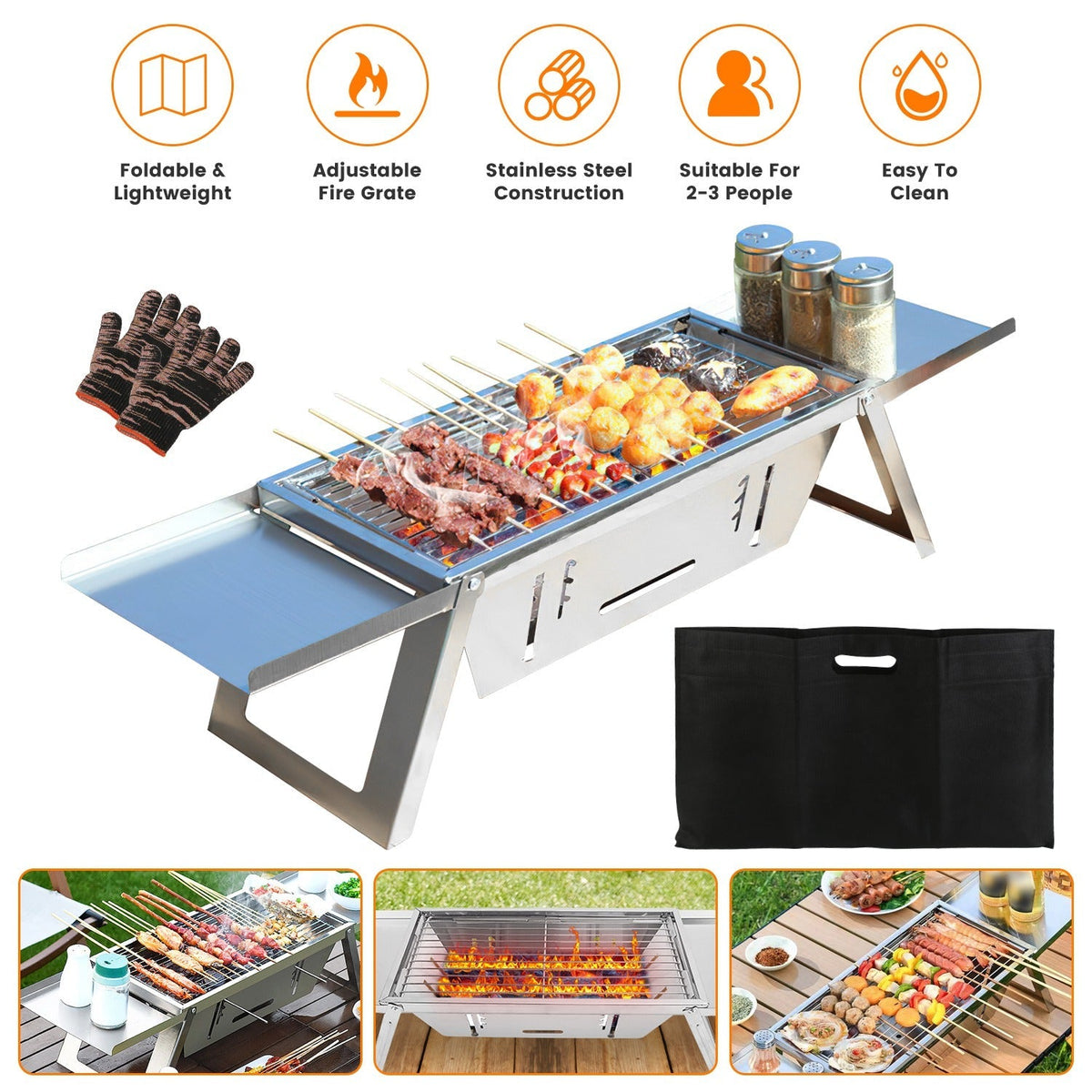 3 In 1 Foldable Charcoal Grill Fire Pit Slow Cooker 2-3 People Portable Camping Grill Stainless Steel BBQ Grill for Camping Tailgating Yard