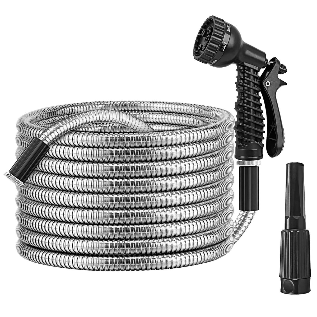 25FT/50FT/100FT Heavy Duty Stainless Steel Garden Hose Garden Watering Kit Metal Water Hose with 2 Nozzles 12 Patterns Flexible Extendable Kink Tangle