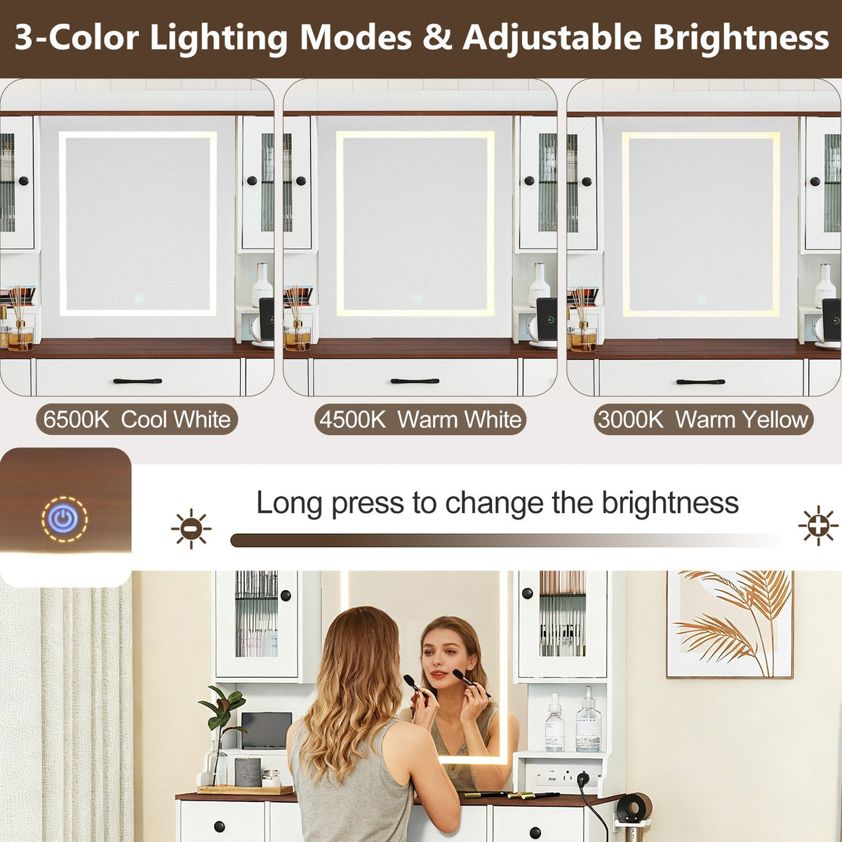 41.5 Inch Makeup Dressing Table with Power Outlets and 3 Color Lighting Modes-White+
