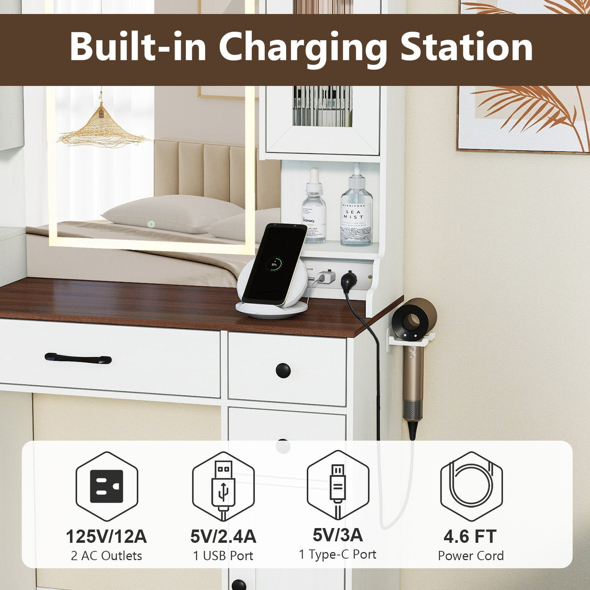 41.5 Inch Makeup Dressing Table with Power Outlets and 3 Color Lighting Modes-White+