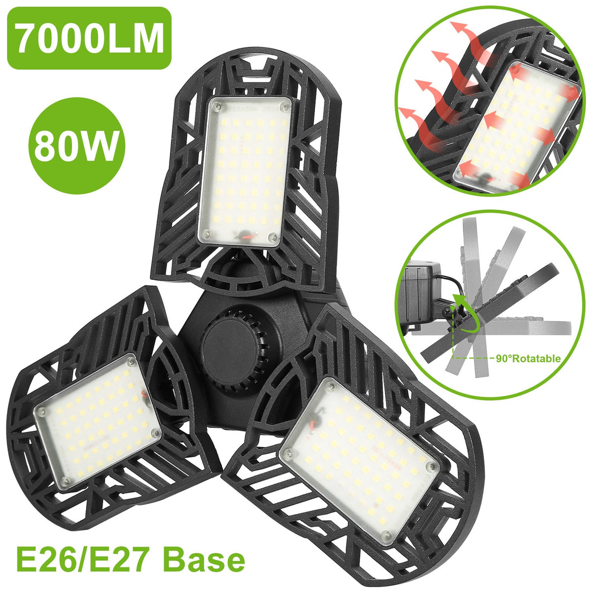 LED Garage Light, iMounTEK E26/E27 80W 7000LM 6500K Garage Ceiling Light Deformable Workshop Lamp Die Cast Aluminum LED Ceiling Light Bulbs with 3 Adj