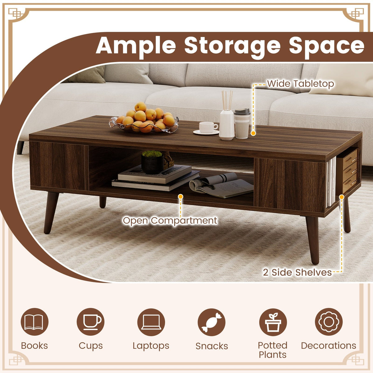 42 Inch Mid Century Modern Coffee Table Rectangular with Open Compartment-Walnut