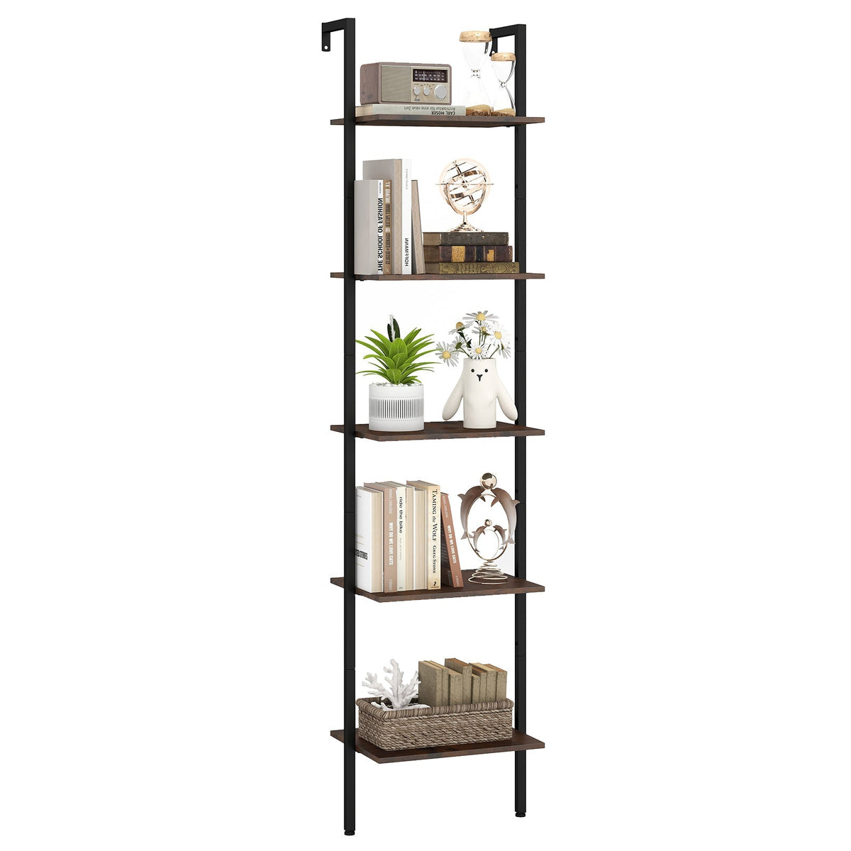 5 Tier Wall Mount Ladder Shelf with Anti-Tipping Kits for Home Office-Rustic Brown
