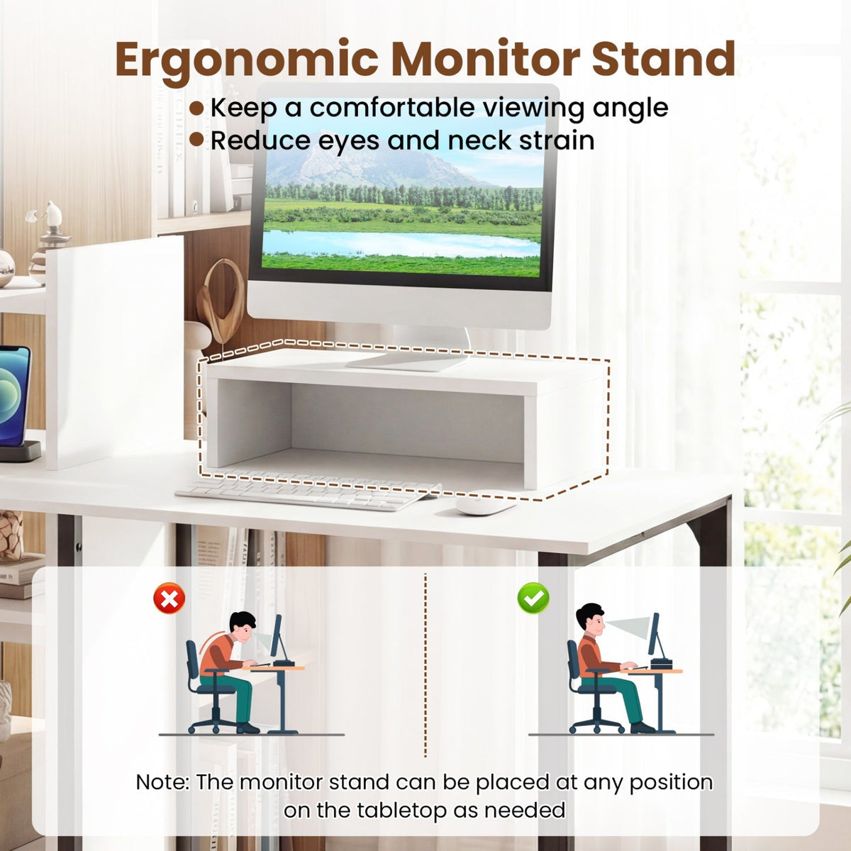 43.5" Computer Desk with Charging Station and Ergonomic Monitor Stand-White