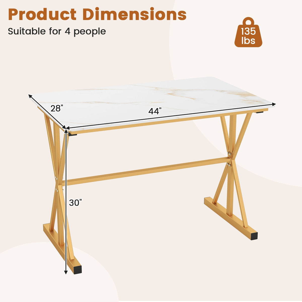 44 Inches Sintered Stone Dining Table with Metal Frame and Faux Marble Tabletop-White