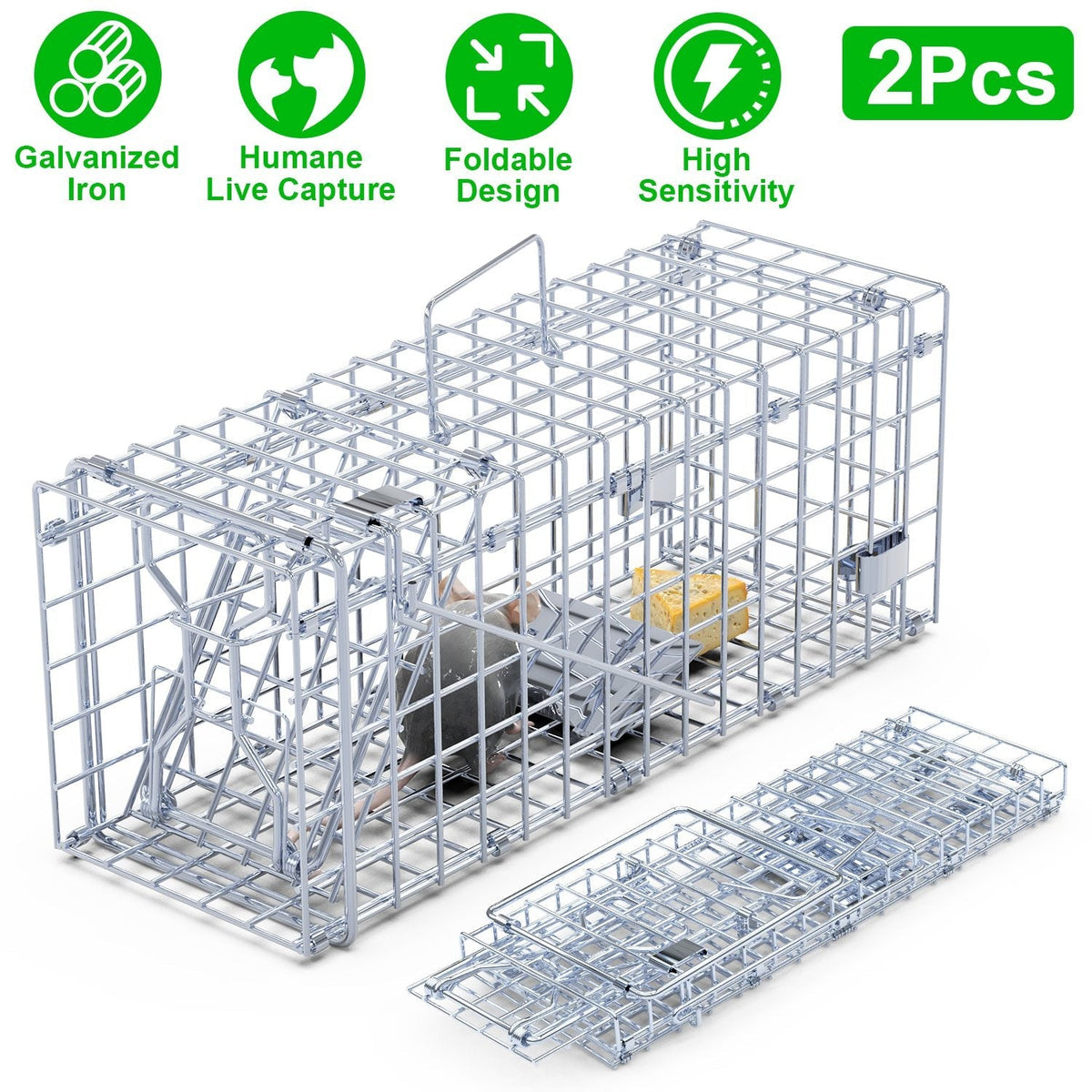 2Pcs Foldable Rat Trap Cage Humane Live Rodent Trap Cage Galvanized Iron Mice Mouse Control Bait Catch with Detachable L Shaped Rod For Kitchen Garden
