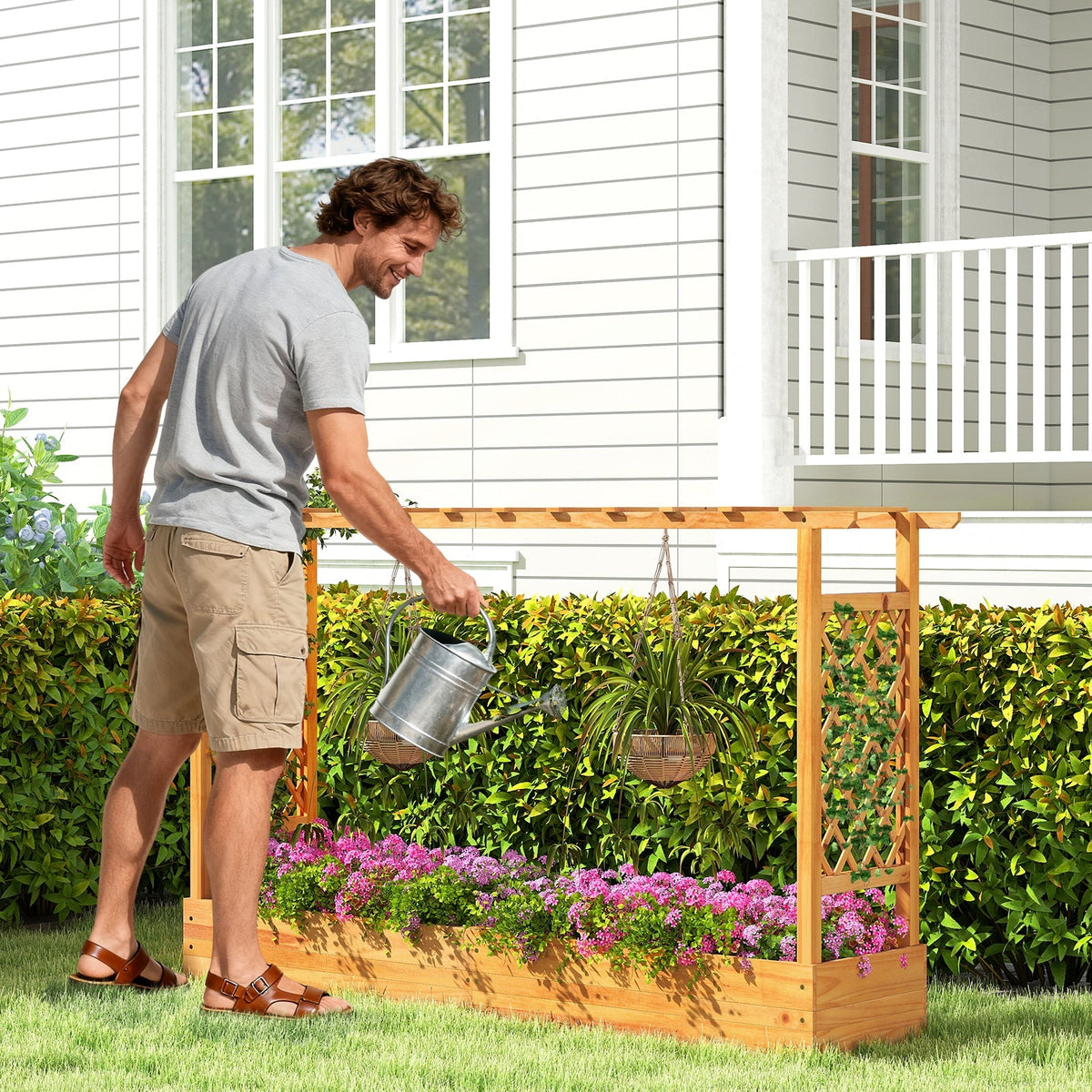 45 Inch Wooden Raised Garden Bed with Lattice Trellis for Outdoor-Natural