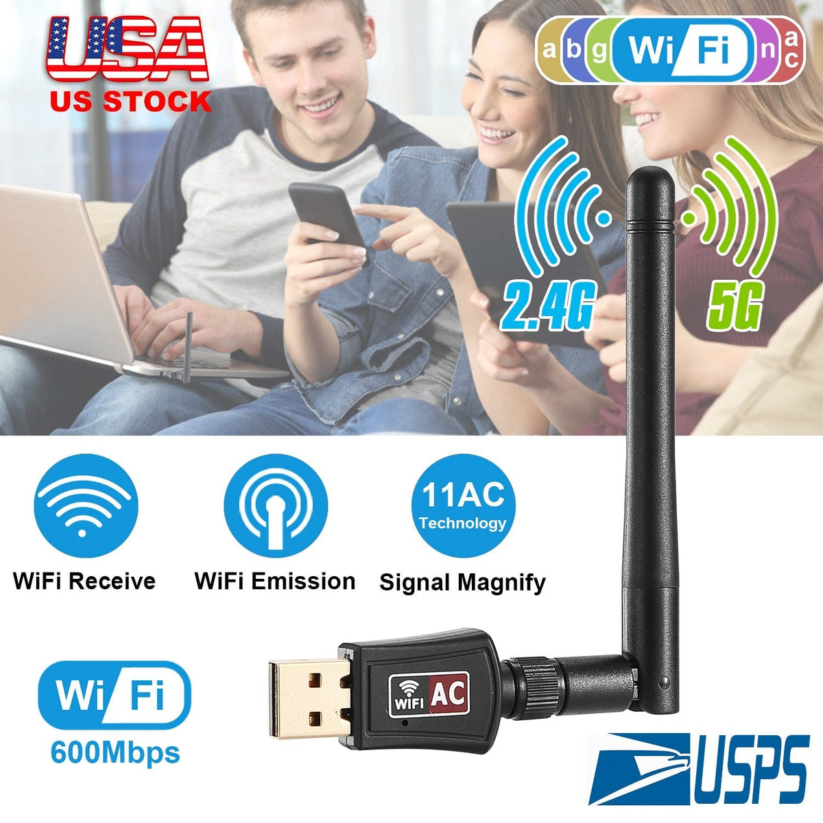 USB WiFi Adapter AC600Mbps 5G/2.4G Dual Band 802.11ac Wireless Network Adapter w/ 2dBi External Antennas For PC Desktop Laptop