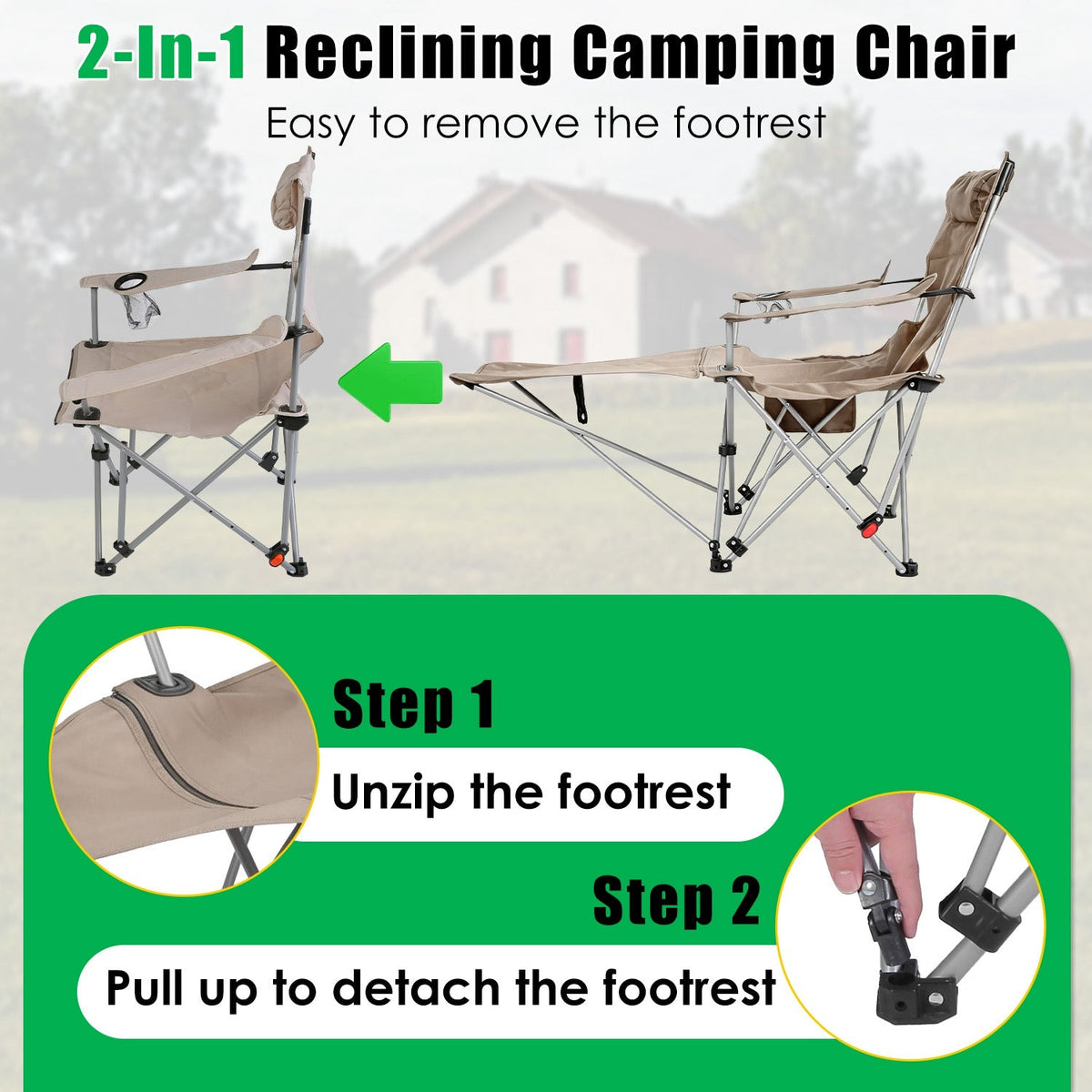 Reclining Camping Chair with Footrest – 4-Position Adjustable