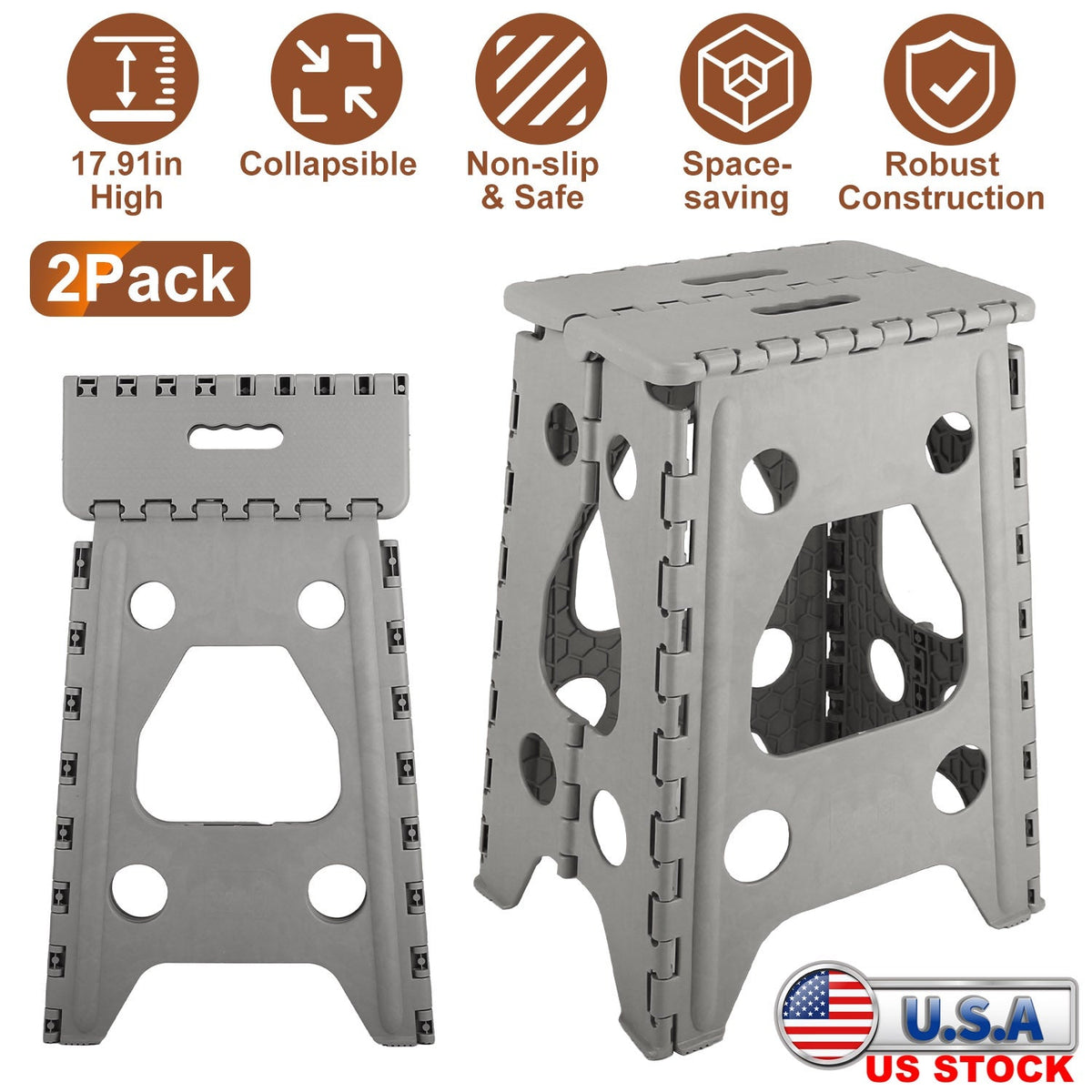 2 Pack 17.91In High Step Stool Folding Stepping Stool Lightweight Plastic Step Stool with Handle Non-slip for Kitchen Bathroom