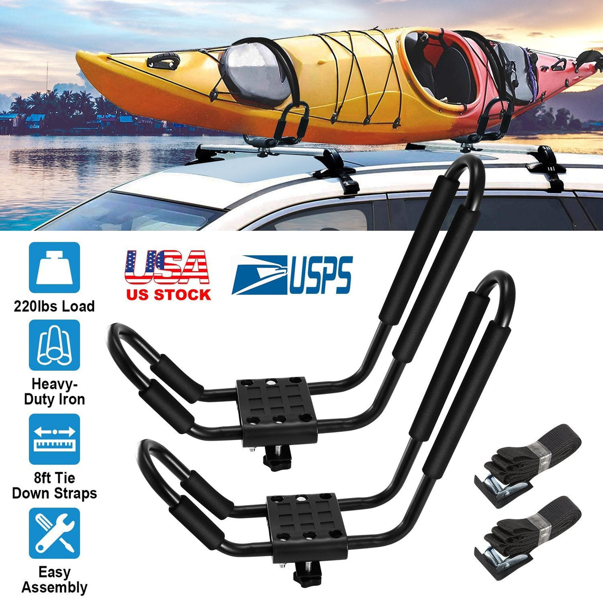 Title: 1 Pair Universal J-Bar Kayak Carrier 220LBS Load Heavy Duty Canoe Car Top Mount Carrier Roof Rack w/ 2Pcs Tie Down Straps