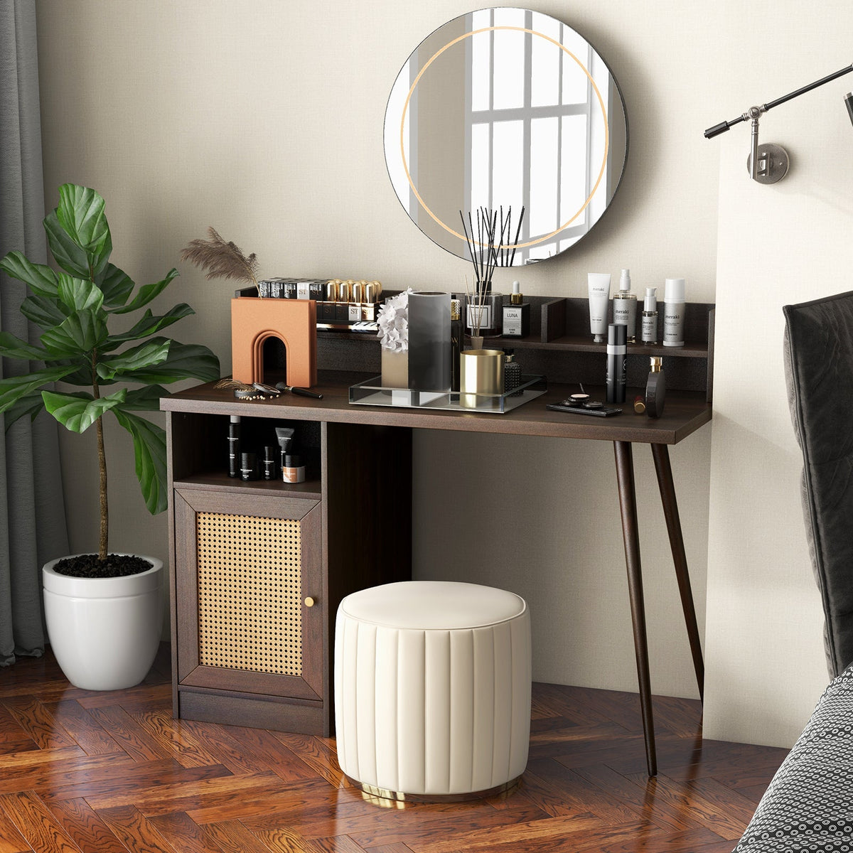 48 Inch Computer Desk with Hutch and PE Rattan Cabinet Shelves