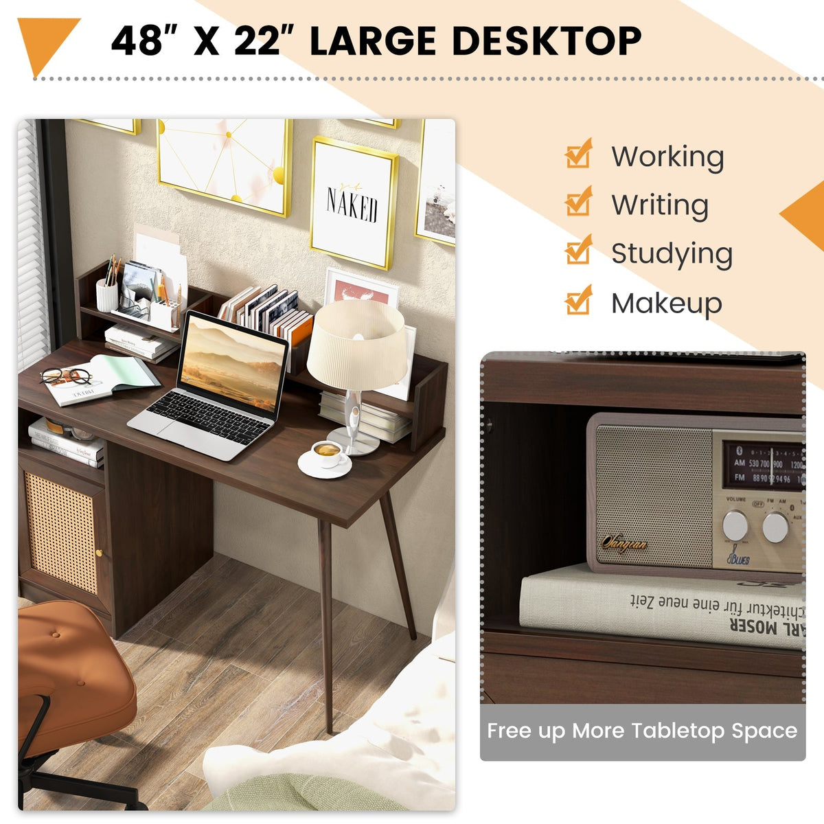 48 Inch Computer Desk with Hutch and PE Rattan Cabinet Shelves