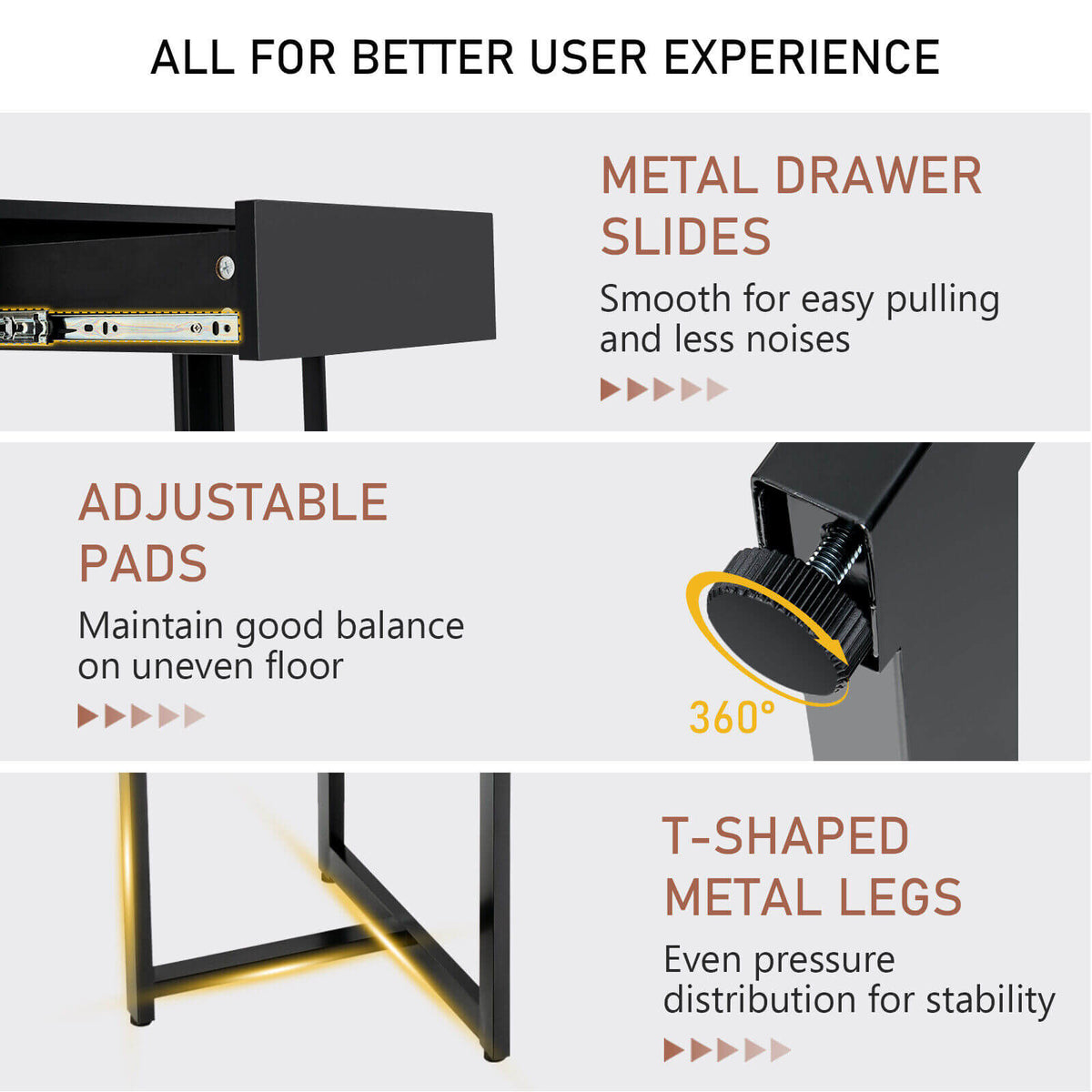 48 Inch Computer Desk with Metal Frame and Adjustable Pads