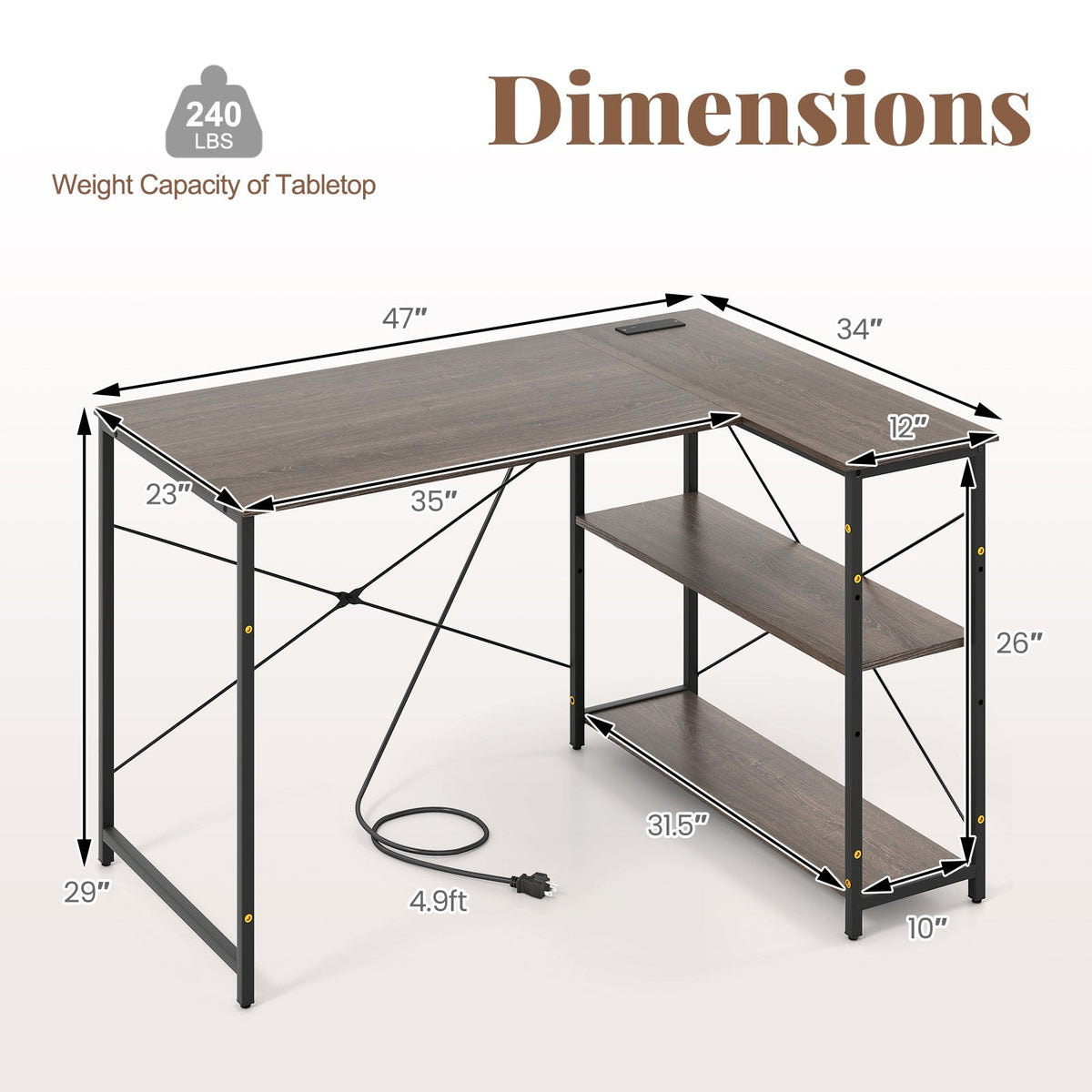 48 Inch Reversible L Shaped Computer Desk with Adjustable Shelf