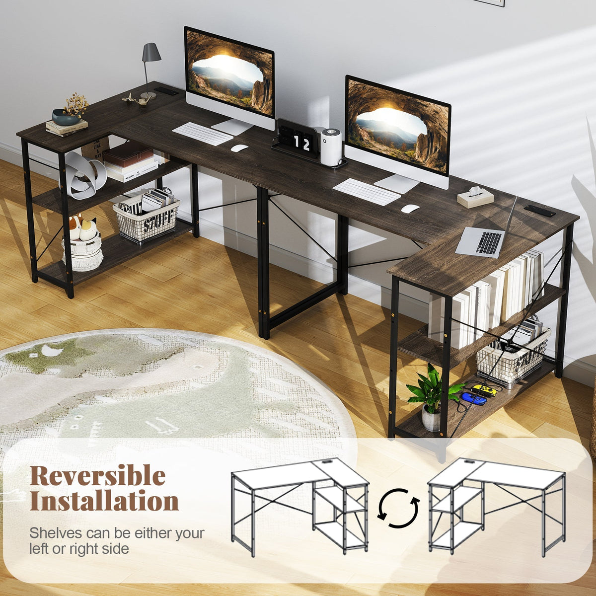 48 Inch Reversible L Shaped Computer Desk with Adjustable Shelf