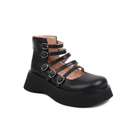 Womens High-top Shoes With A Thick Hollowed-out Leather Belt Buckle