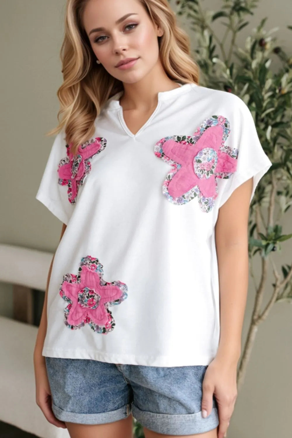 Floral Applique Notched Dolman Sleeve Top